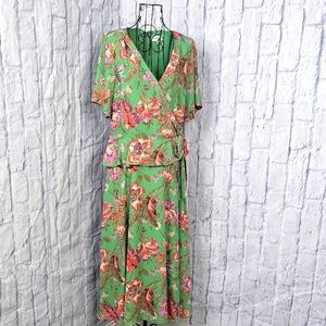 GIBSON LATIMER Green Floral Peplum V Neck Midi Dress Medium